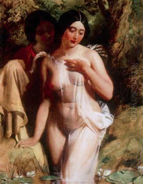 A Young Woman Bathing In A Lily Pond With An Attendant Behind Oil Painting by Daniel Maclise