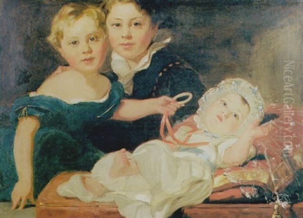 Portrait Of Three Children, In Interior Oil Painting by Daniel Maclise