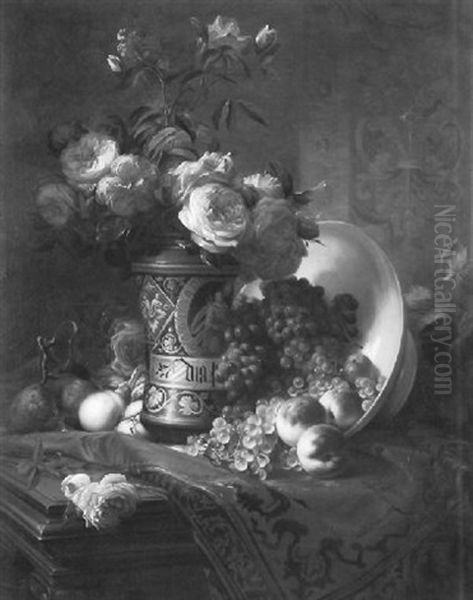 Fruit And Floral Still Life Atop A Table Oil Painting by James MacMaster