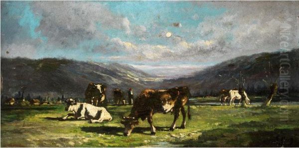 Weidende Kuhe Auf Einem Hoch Liegenden Tal Oil Painting by George Louis Berg