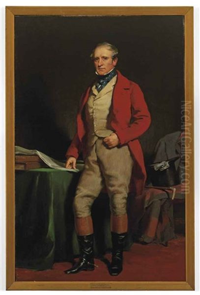 Portrait Of William Aird, Member Of The Lanarkshire And Renfrewshire Foxhounds In Hunting Dress, Standing By A Green Draped Table, His Right Hand Resting... Oil Painting by Daniel Macnee