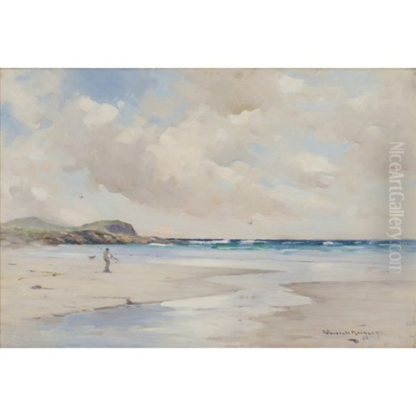 Fisherman On A Deserted Sandy Beach Oil Painting by Robert Russell Macnee