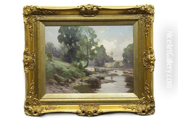 Fishing At The Riverbank Oil Painting by Robert Russell Macnee