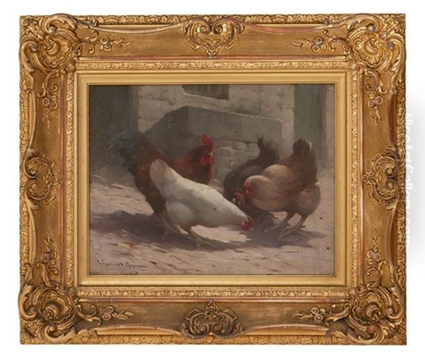 Hens In A Courtyard Oil Painting by Robert Russell Macnee