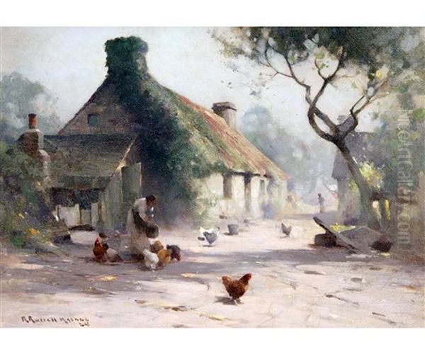 Lady Feeding Chickens Before A Cottage Oil Painting by Robert Russell Macnee