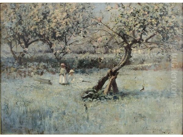 Two Children With A Wheelbarrow In An Orchard Oil Painting by Robert Russell Macnee