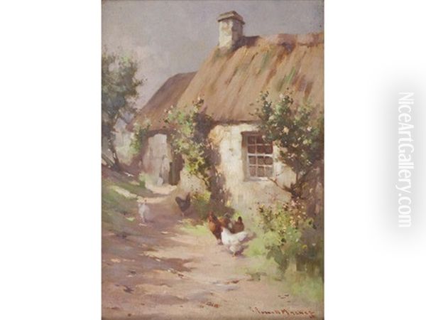 Hens On A Farm Path (+ Another; Pair) Oil Painting by Robert Russell Macnee