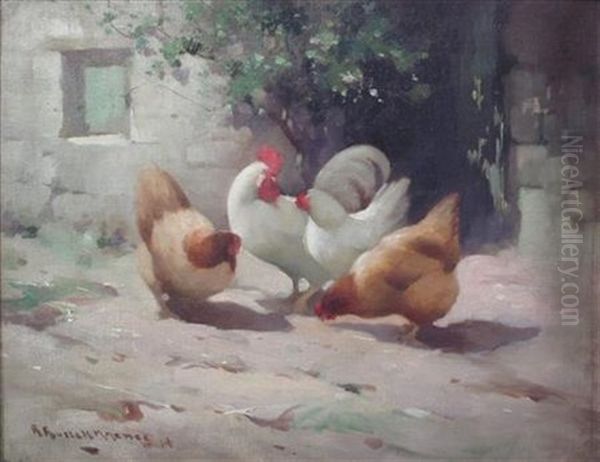 Chickens In A Farmyard Oil Painting by Robert Russell Macnee