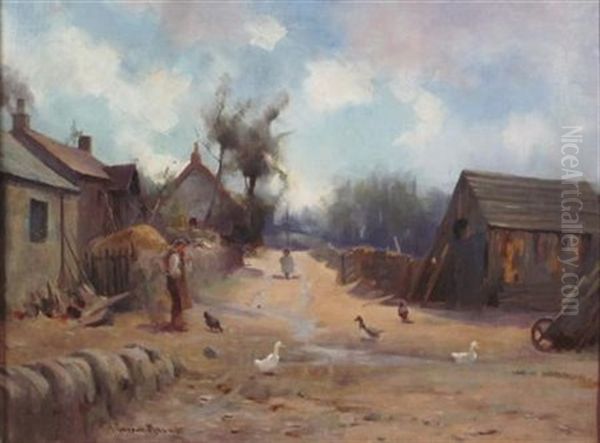 Ducks On A Village Path Oil Painting by Robert Russell Macnee