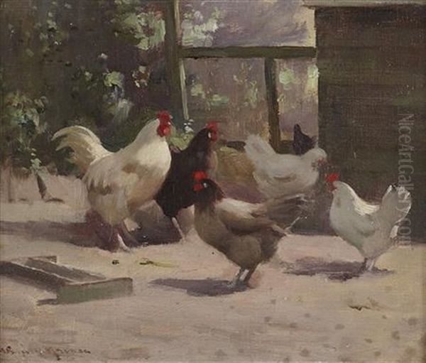 Chickens In A Farm Yard Oil Painting by Robert Russell Macnee