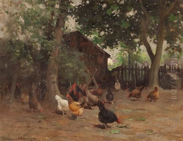 Beside The Barn, Under Trees Oil Painting by Robert Russell Macnee