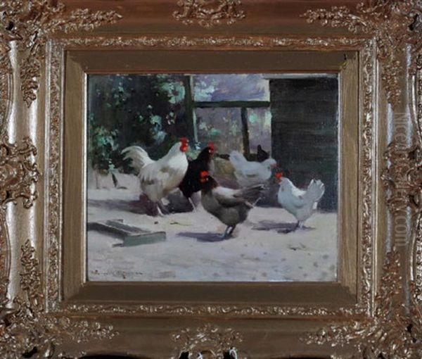 Poultry By A Shed Oil Painting by Robert Russell Macnee