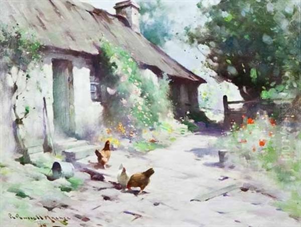 Farm Cottages With Hens In Foreground Oil Painting by Robert Russell Macnee