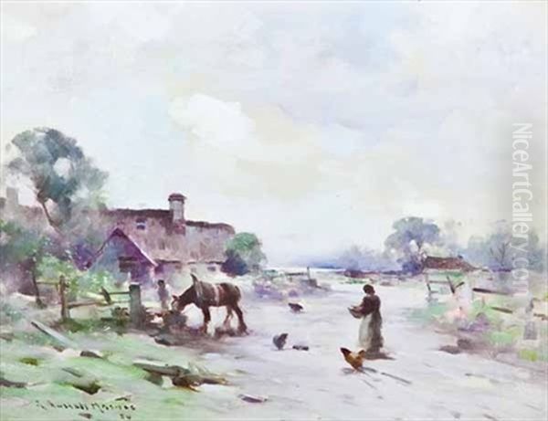 Farmyard Scene With Figures, Hens, And Shire Horse Oil Painting by Robert Russell Macnee