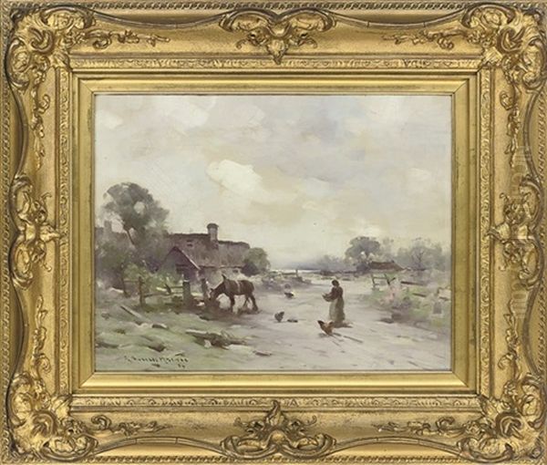 Chickens In A Farmyard (+ Figures And A Horse Before A Cottage; Pair) Oil Painting by Robert Russell Macnee