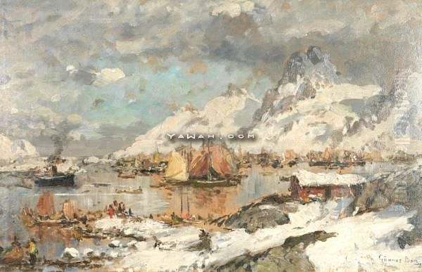 Fra Svolvaer Havn Olje Pa Papir Oppklebet Pa Plate Oil Painting by Gunnar Berg