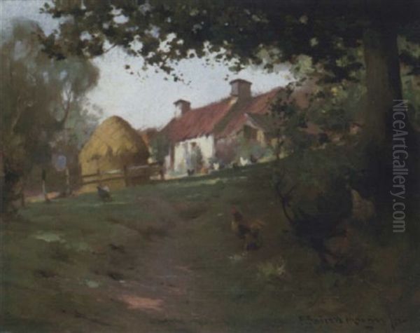 Chickens Feeding By A Farmhouse Oil Painting by Robert Russell Macnee