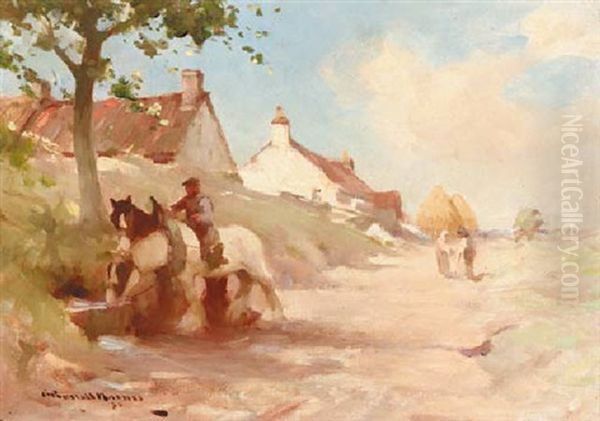 Workhouses At A Water Trough In A Sunlit Village Oil Painting by Robert Russell Macnee