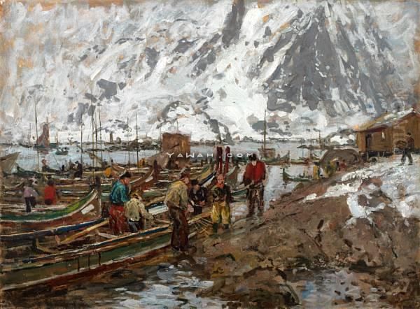 Fra Svolvaer Havn Olje Pa Plate Oil Painting by Gunnar Berg