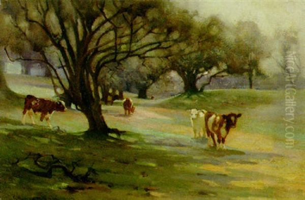 Calves In A Wooded Landscape Oil Painting by Robert Russell Macnee