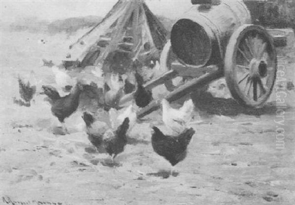 Chickens In A Farmyard Oil Painting by Robert Russell Macnee