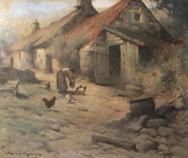 A Woman Feeding Hens Oil Painting by Robert Russell Macnee