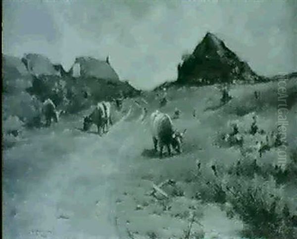 Cattle Grazing By A Village Oil Painting by Robert Russell Macnee