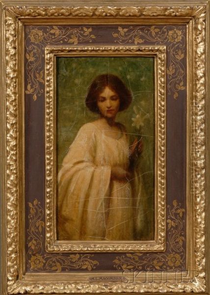 Young Woman In A White Dress With A Lily Oil Painting by Mary Lizzie Macomber