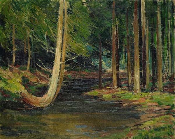 A Brook In A Forest Oil Painting by Gustav Macoun