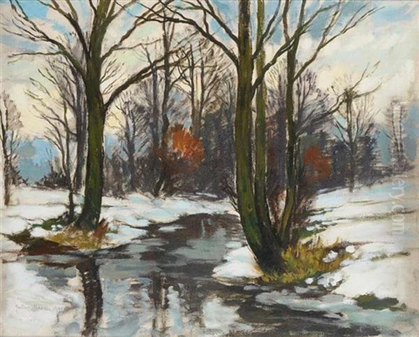 A Brook In Winter Oil Painting by Gustav Macoun