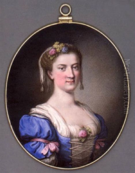 A Young Lady In Blue Dress With White Underdress And Laced Bodice, Pink Bows Tied Around Her Upper Arms And Pink Rose At Corsage, Flowers And A White Scarf In Her Curled Hair Oil Painting by Giuseppe MacPherson