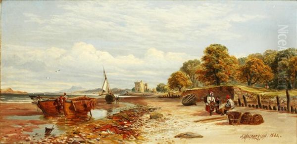 Fisherfolk On The Shore Before Barnbougle Castle Oil Painting by John MacPherson