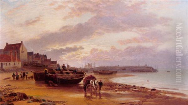 A Scottish Fishing Village With A Figure And Cart On The Beach In The Foreground Oil Painting by John MacPherson