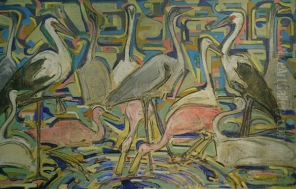 Storks, Cranes And Flamingos Oil Painting by Elmer Livingston Macrae