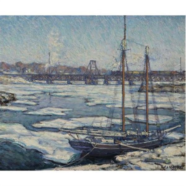 Schooner In The Ice, View From The Bush-holley House, Cos Cob, Connecticut Oil Painting by Elmer Livingston Macrae