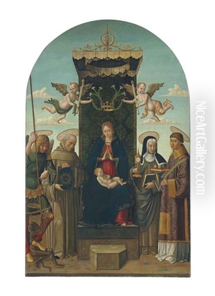 The Madonna And Child Enthroned, With Saints Michael, Bernardino Of Siena, Clare And Stephen, Two Angels Holding A Crown With Lilies Above Oil Painting by  Macrino d'Alba