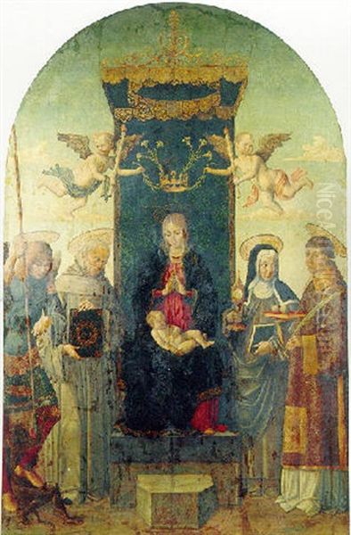 The Virgin And Child Enthroned, With Ss. Michael,           Bernardino Of Siena, Clare And Stephen; Two Angels Holding Oil Painting by  Macrino d'Alba