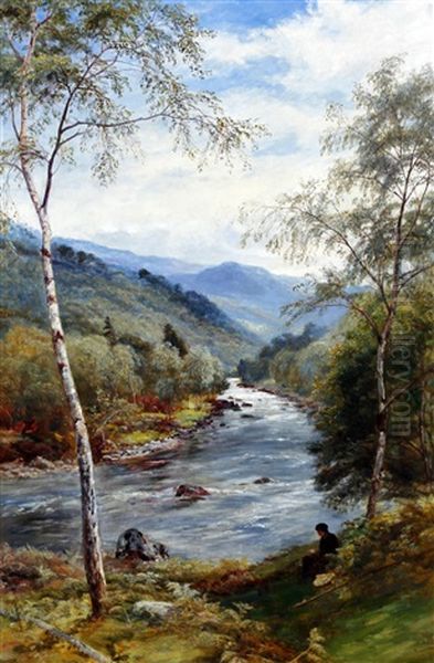 Scottish River Landscape With Fisherman On The Banks Oil Painting by John MacWhirter