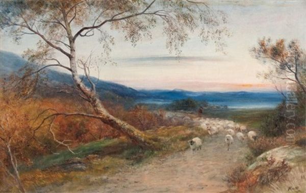 Shepherd And Flock At Sunset Oil Painting by John MacWhirter