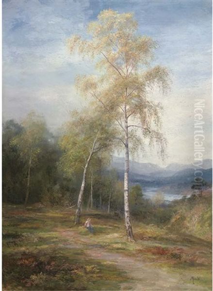 A Young Girl On A Hillside With A Loch Beyond Oil Painting by John MacWhirter