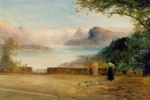 Lake Lucerne With Women Feeding Pidgeons In The Foreground Oil Painting by John MacWhirter