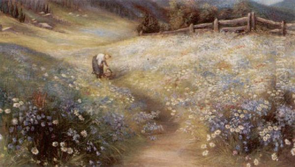 Gathering Alpine Flowers Oil Painting by John MacWhirter