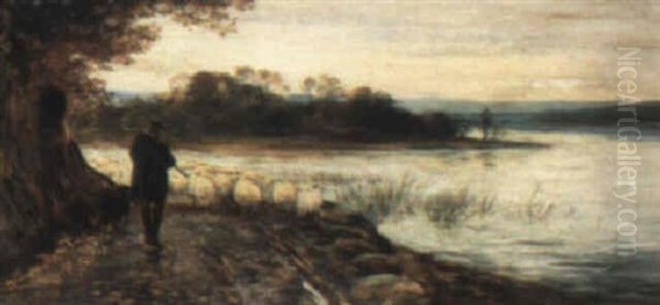 Tending Sheep On A Riverside Path Oil Painting by John MacWhirter