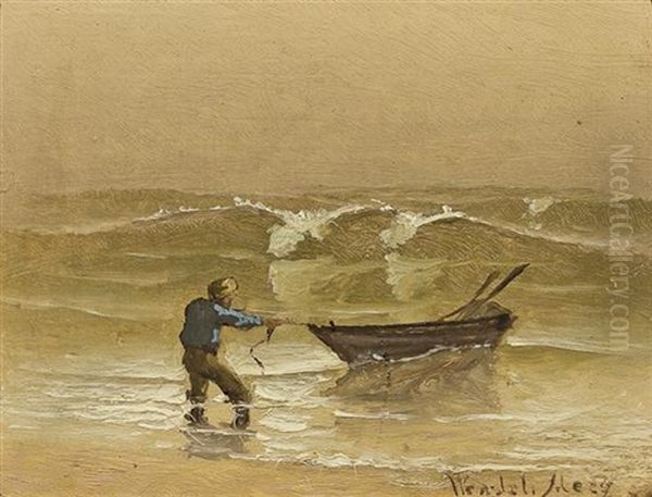 Beaching The Boat, Nantucket Oil Painting by Wendell Ferdinand Macy