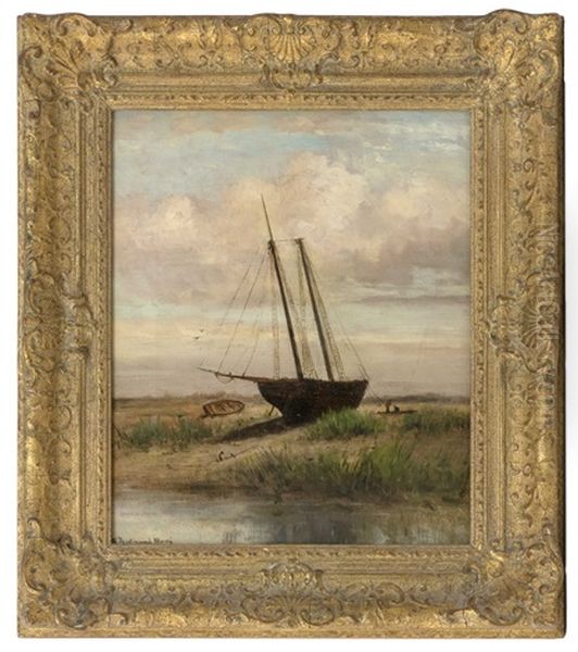 A Beached Boat, Possibly A Nantucket Scene Oil Painting by William Ferdinand Macy