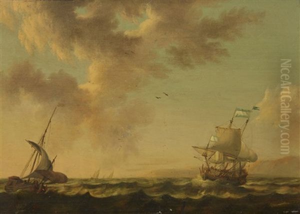 Sailing Ships On Rough Seas Oil Painting by Michiel Maddersteeg