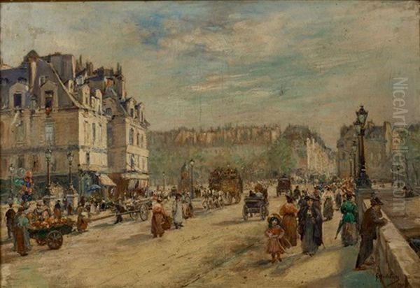 La Place De La Dauphine, Rue Animee Oil Painting by Gustave Madelain