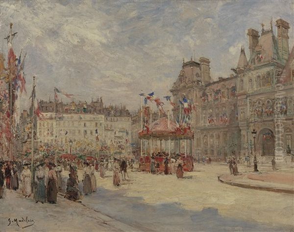 Place De L'hotel De Ville, 14 Juillet 1911 Oil Painting by Gustave Madelain