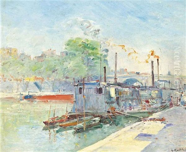 Barges On The Seine, Paris Oil Painting by Gustave Madelain