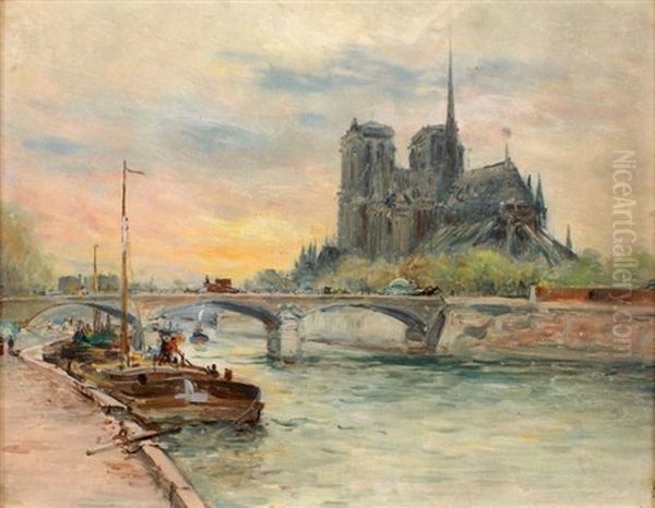 Paris, La Seine Et Notre Dame Oil Painting by Gustave Madelain